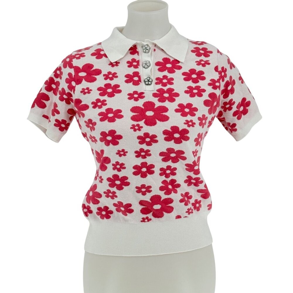 NWOT Floral Knit Polo Sweater, Jewel Buttons Ontwelth, M